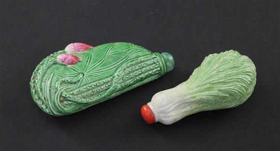 Two Chinese moulded porcelain leaf shaped snuff bottles, late 19th / early 20th century, 6.7cm